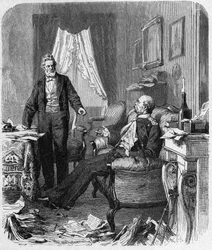 Deutsch-Französischer Krieg (1870-1871) Interview zwischen Graf Bismarck und M. Jules Favre, September 1870 - politisches Interview zwischen Kanzler Bismarck (1815-1898), Jules Favre (1809-1880) in Versailles im Haus von Madame Jesse - Gravur aus dem 19. J