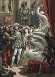 Franz I. (1494-1547), König von Frankreich, beim italienischen Bildhauer Benvenuto Cellini (1500-1571). Gravur von 1881 in „El Culto de la Hermosura“ von Juan Justo Huguet, Molinas Hermanos editores
