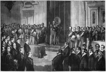 Friedrich Wilhelm IV. (1795-1861), König von Preußen, schwört den Eid auf die Verfassung, 6. Februar 1850, Holzstich nach Paul Buerde