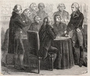 Französische Revolution: Graf Louis Marie de Narbonne-Lara zeigt seine Pläne in den Ausschüssen der Versammlung - Gravur in „The Illustrous World“