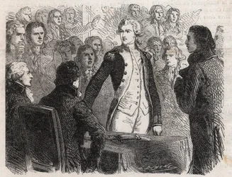 Französische Revolution: General Gilbert du Motier de La Fayette (1757-1834) tritt vom Kommando der Nationalgarde zurück - Gravur in „Le Monde Illustré“