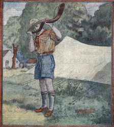 Französischer Pfadfinder, der das Sammeln in einem Lager in Ungarn signalisiert (Französischer Pfadfinder) Illustration aus „Le pelerin“ 20/8/1933 Private Sammlung