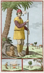 Französischer Freibeuter aus Santo Domingo (Haiti). Gravur in „Histoire des Aventuriers Flibustiers et Boucaniers Signales Dans Les Indes“ von Alexandre Olivier Exquemelin (1645-1710).