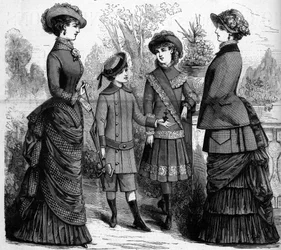 Französische Damen- und Kinderkleidung im 19. Jahrhundert. Werbung von 1882. Gravur in „Die illustre Welt“ Nr. 1302 vom 11. März 1882.