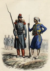 Französische Militäruniform: Links eine Fremdenlegion, die 1831 nach Algerien entsandt wurde. Rechts indigene Reiter, die 1841 nach Algerien entsandt wurden. In „L