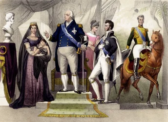 Von 1814 bis 1830. Der Herzog und die Herzogin von Berry, Louis XVIII., der Herzog von Bordeaux, die Herzogin von Angoulême und Charles X. Gravur des 19. Jahrhunderts.