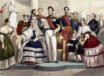 Von 1830 bis 1848. Prinzessin Marie, Marie Amélie, Louis Philippe I., der Graf von Paris, der Herzog von Chartres und Prinzessin Hélène. Gravur des 19. Jahrhunderts
