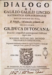 Frontispiz von „Dialog über die zwei großen Weltsysteme“ (dialogo sopra i due massimi sistemi del mondo) in Auftrag gegeben von Papst Urban VIII. an den Astronomen und Physiker Galileo Galilei um 1620 und veröffentlicht 1632