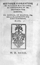 Frontispiz von „Historie Fiorentine di Niccolo (di Bernardo dei) Machiavelli (Nicolas Machiavelli)