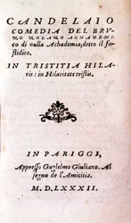 Frontispiz von „Il candelaio“ (Der Kerzenmacher) von Giordano Bruno (1546-1600), italienischer Philosoph und Theologe. 1582