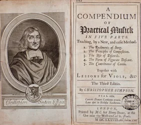 Frontispiz des Compendium der praktischen Musik in fünf Teilen mit Lektionen für Viola da Gamba von Christopher Simpson