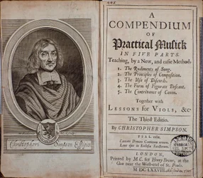 Frontispiz des Compendium der praktischen Musik mit Porträt von Christopher Simpson