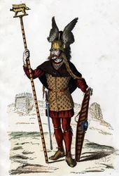 Gallischer Anführer, der das Zeichen des Krieges trägt - in „Die zivilen und militärischen Kostüme der Franzosen durch die Jahrhunderte Paris F. Roy 1882“.