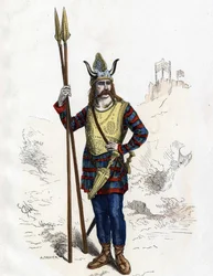 Gallischer Anführer vor der römischen Eroberung - in „Die zivilen und militärischen Kostüme der Franzosen durch die Jahrhunderte Paris F. Roy 1882“