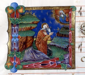 Gott befiehlt Moses, das Volk Israel aus Ägypten zu führen. Miniatur aus einem Chorbuch des 15. Jahrhunderts