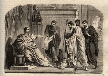 Gordian I (158-238) lehnt die kaiserliche Würde ab - Gordian I (Marcus Antonius Gordianus Sempronianus Romanus Africanus) lehnte die kaiserliche Würde ab - Gravur in „Dictionnaire populaire illustré“ - 1864 - von Joseph Decembre und Edmond Allonier