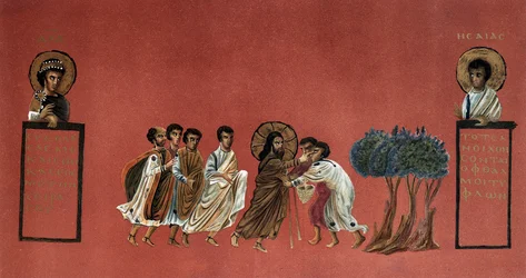 Evangelium des Matthäus - Wunder Jesu heilt die zwei Blinden von Jericho, Gravur 19. Jahrhundert nach einem griechischen Manuskript