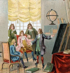 Gottfried Wilhelm Leibniz (1646-1716), deutscher Philosoph und Mathematiker; demonstriert seine Theorien zur Differentialrechnung. Chromolithographie, späte 19. Jahrhundert.