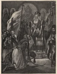 Griechischer Unabhängigkeitskrieg 1821 - 1829: Bischof Germanos III. von Alt-Patras (Georgios Gotzias) segnet die Fahne des Freiheitskampfes, Kloster Agia Lavra, 21. März 1821 - Gravur nach Gemälde