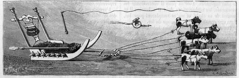 Grönland-Ausstellung in der Geographischen Gesellschaft, Paris: Schlittenmodell, hergestellt von Eskimos. Gravur in „La Nature: revue des sciences et de leurs applications aux arts et a l