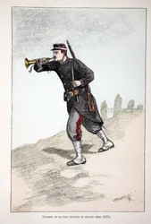 Friedenswächter während der zweiten Belagerung der Pariser Kommune (1871). Farbradierung zur Illustration „Geschichte des Friedenswächterkorps“ Buch veröffentlicht unter der Schirmherrschaft von Louis Lepine (1846-1933), Polizeipräfekt von Paris