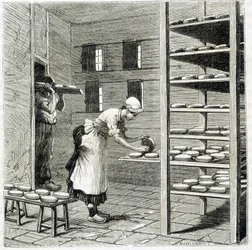 Haloir (oder Trockner) für die Herstellung von Camembert-Käse - in „Die Wunder der Industrie“ von Louis Figuier