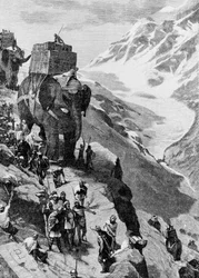 Hannibal überquert die Alpen mit Elefanten und erreicht Italien im Jahr 218 v. Chr. (Zweiter Punischer Krieg). Gravur aus dem 19. Jahrhundert