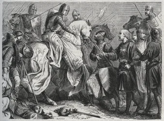 Heinrich III. wird von Simon V. von Montfort in Lewes in Sussex 1264 gefangen genommen - Gravur 1864.