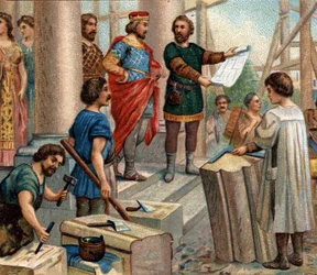 Historische Episoden berühmter Städte: Clovis wählt Paris als ständigen Wohnsitz (im Jahr 508). Chromolithographie des 19. Jahrhunderts