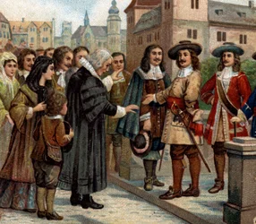 Historische Episoden berühmter Städte: Der Große Kurfürst, Friedrich Wilhelm I. von Brandenburg (1620-1688), empfängt französische Emigranten in Berlin (1685). Er begrüßte französische Protestanten, die nach der Aufhebung des Edikts von Nantes Frankreich v