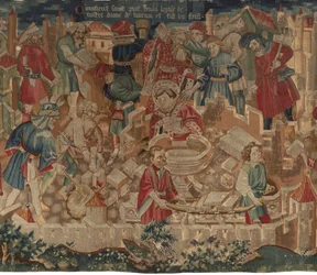 Geschichte von Saint Piat und Saint Eleuthère, Szene 5: Wie der heilige Piat die Kirche Unserer Lieben Frau gründete und die Taufbecken schuf