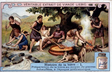 Geschichte des Bieres: Bierherstellung mit heißen Steinen in prähistorischen Zeiten - Liébig-Werbeaufkleber
