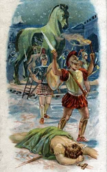 Geschichte des Lebens von Achilles, legendärer Held des Trojanischen Krieges: Die Eroberung von Troja. Achilles vor der Stadt dank des Pferdes. Chromolithografie von 1890.