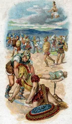 Geschichte aus dem Leben des Achilles, des legendären Helden des Trojanischen Krieges: Tod des Achilles am Fuß der Mauern Trojas; seine Ferse, seine Schwachstelle, wird von einem durch Paris abgeschossenen Pfeil durchbohrt. Chromolithografie von 1890.