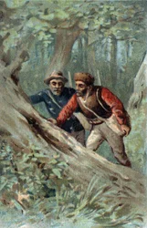 Honigjäger in Kanada auf der Suche nach einem Schwarmbaum. Chromolithographie des späten 19. Jahrhunderts.