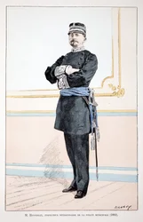 Honorat, Divisionsinspektor der Stadtpolizei (1884). Farbradierung zur Illustration „Geschichte des Friedenswächterkorps“ Buch veröffentlicht unter der Schirmherrschaft von Louis Lepine (1846-1933), Polizeipräfekt von Paris, von Alfred Rey