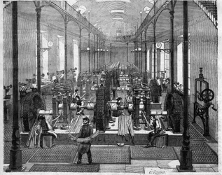 Hôtel de la Monnaie in Paris: Blick auf die Walz- und Ausschneidewerkstatt, in der die neuen Fünfundzwanzig-Franc-Münzen, „Kaiser“ genannt, hergestellt werden - Stich in „Le Journal illustré“