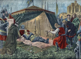 Hundertjähriger Krieg: „Der Tod von Bernard du Guesclin (1320-1380) vor Chateauneuf de Randon am 13.07.1380“ - Tod von Duguesclin (während der Belagerung von Chateauneuf-de-Randon am 13. Juli 1380) - Illustration aus „Le pelerin“ 7. August 1921 Private