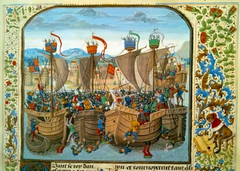 Hundertjähriger Krieg: „Die Seeschlacht von Ecluse, Sluis (Niederlande) am 20.06.1340, die die Franzosen unter Philippe VI. von Valois gegen die Engländer unter Edward III. führte“ Miniatur aus „Chroniken“ von Jean Froissart (1337-1400) 15. Jahrhundert. Pa