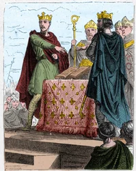 Hundertjähriger Krieg: Vertrag von Brétigny am 8. Mai 1360, im Schloss von Brétigny (nahe Chartres), zwischen den Bevollmächtigten von König Eduard III. von England und denen von Karl, Sohn von König Johann II. von Frankreich.