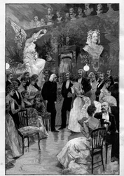 Der ungarische Komponist und Pianist Franz Liszt (1811-1886) in Paris während einer Feier zu seinen Ehren im Atelier des Bildhauers Cyprian Godebski (1835-1909). Gravur in „Le Monde illustré“