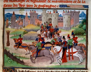 Jagdszene. Miniatur aus dem Manuskript „Renaud de Montauban“ oder „Les quatre fils Aymon“ von Loyset Liedet