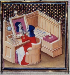 Iaia (Marcia von Kyzikos), eine römische Malerin, malt ihr eigenes Miniaturporträt aus „De mulieribus claris“ („Von berühmten und edlen Frauen“) von Giovanni Boccaccio (Boccace) (1313-1373)