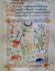 Illuminierte Seite mit Schafen und Hirten, Teil des Codex von Varmondo, ca. 1000