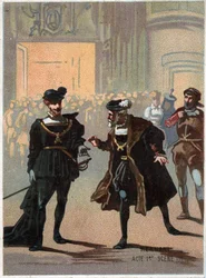 Illustration von „Ernani“ des italienischen Komponisten Giuseppe Verdi (1813-1901), Akt 1, Szene II, Oper, die 1844 nach der Tragödie „Hernani“ von Victor Hugo geschaffen wurde. Chromolithographie aus dem späten 19. Jahrhundert.