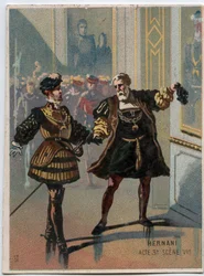Illustration zu „Ernani“ von Giuseppe Verdi (1813-1901), Akt 3, Szene VI, Oper, die 1844 nach der Tragödie „Hernani“ von Victor Hugo geschaffen wurde. Chromolithographie des späten 19. Jahrhunderts.