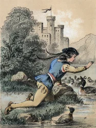 Illustration von Franz Hoffmanns Erzählungen „Tales et Fables - Die 3 Prinzen“: Ein Prinz erhält einen Schlüssel von einer Ente. Chromolithographie des 19. Jahrhunderts