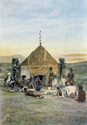 Illustration eines telegrafischen Lagers in der Nähe von Uarai in Neukaledonien.
