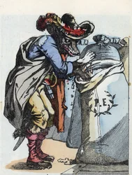 Illustration aus dem Märchen „Compere le Loup, Maitre Renard, Comere la Chevre et ses petits biquets“ nach einer Fabel von Jean de La Fontaine. In „Märchen aus dem Heim für die Kleinen“. Anonyme Gravur aus dem 19. Jahrhundert.