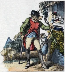 Illustration des Märchens „Gute Mama Schaf“. In „Tales from the home for the little ones“. Anonyme Gravur des 19. Jahrhunderts